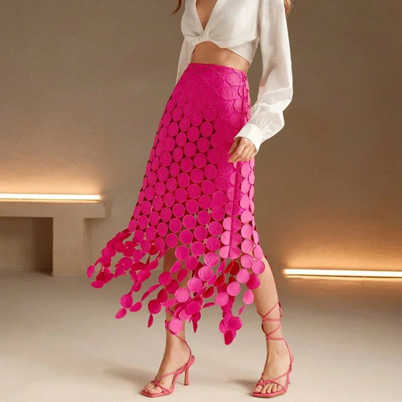 Pink Casual Women's Laser Cut Multi Circle Double Layered Skirt